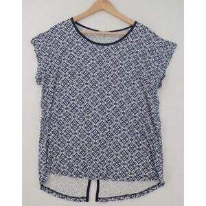 Pleione Women's  XL  Cap Sleeve High Low Shirt Blouse Blue White  Made in USA